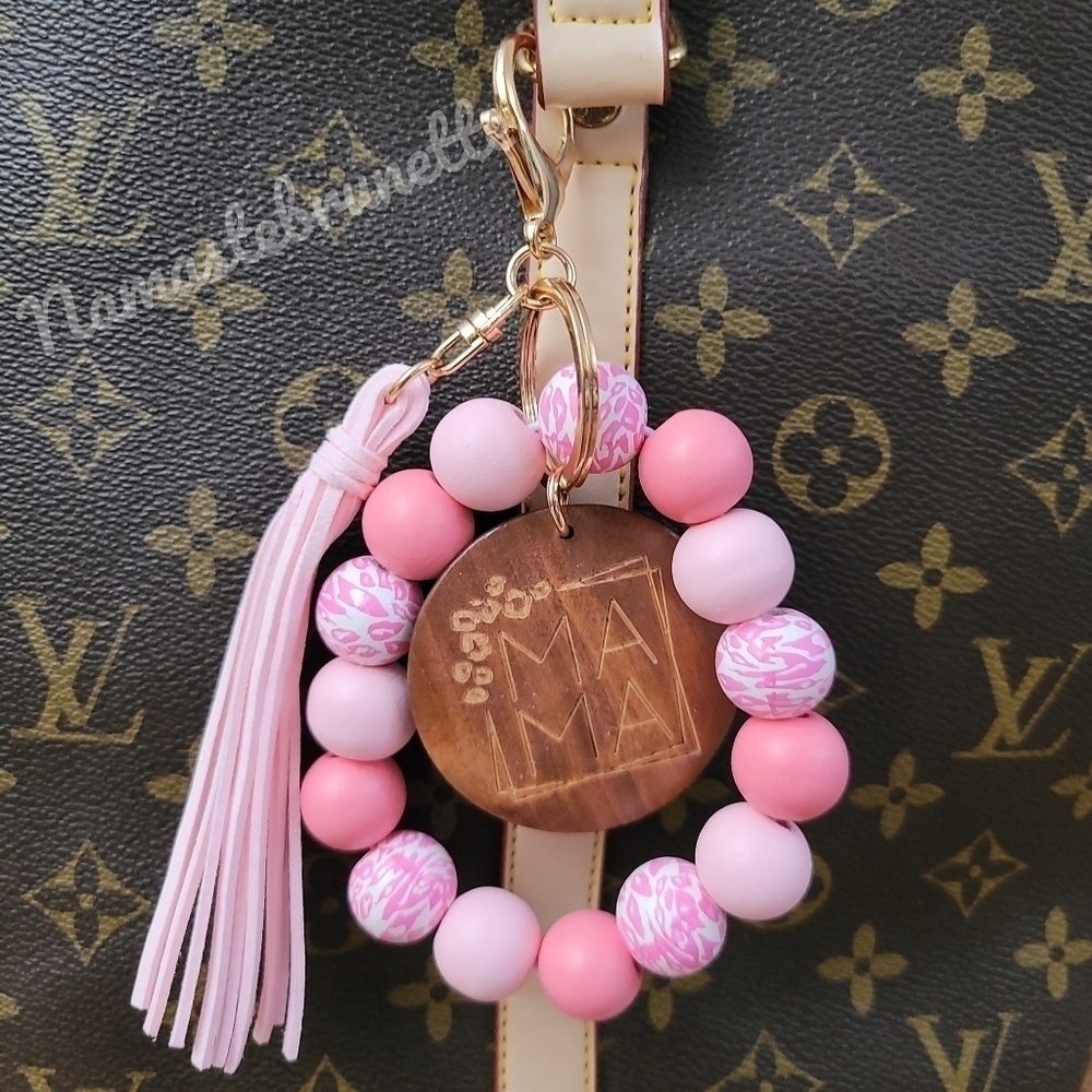 Wooden Beaded Mama Keychain Bag Charm With Pink Tassel